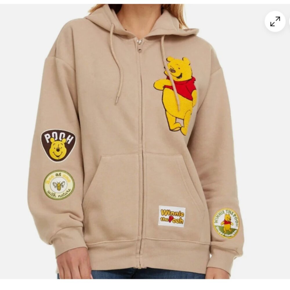 Disney Winnie the Pooh Full Zip Hoodie Sand Embroidered Patches XS